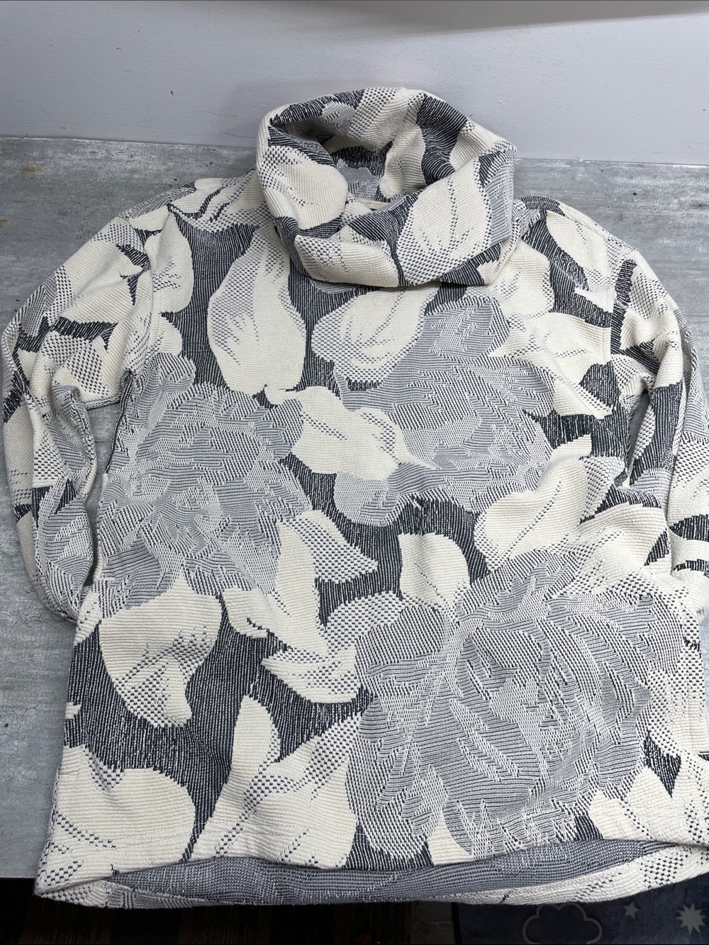 Burton Cream & Gray Floral Knit Cowl-Neck Jean Jacket